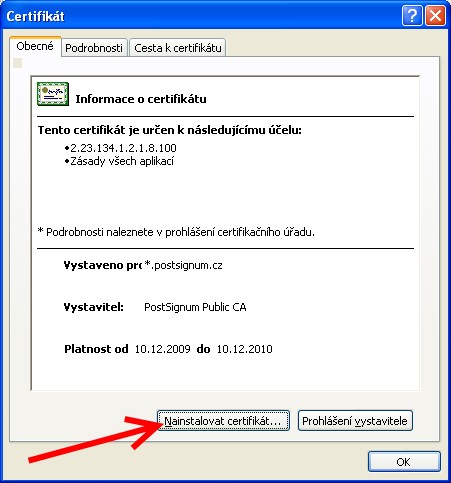 Instalace certifikátu